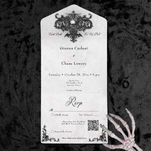 Invitation Tout En Un Code QR en fibre d'Halloween noir et blanc gothiqu