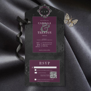 Invitation Tout En Un Code QR en satin floral noir et bordeaux gothique 