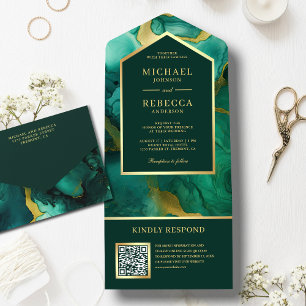 Invitation Tout En Un Code QR Encre Fluide Abstraite Or Émeraude Mariage
