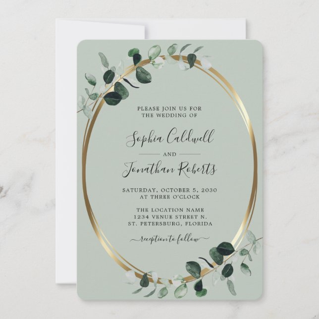 Invitation Tout en un code QR Eucalyptus Gold Sage Mariage da (Devant)