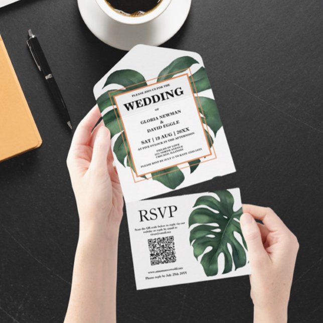Invitation Tout En Un Code QR Feuille Monstera verte (Créateur téléchargé)