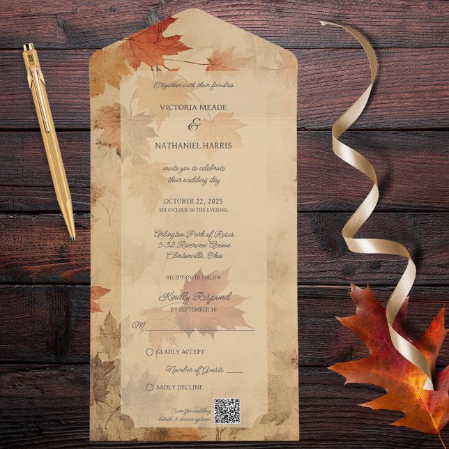 Invitation Tout En Un Code QR Feuilles d'Automne Rustiques (Also available without QR code. )
