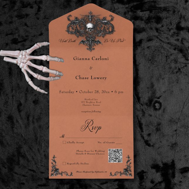 Invitation Tout En Un Code QR filigree d'Halloween noir et rouille gothi (Gothic Black & Rust Halloween Filigree QR Code All In One Invitation)