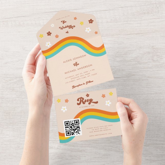 Invitation Tout En Un Code QR Fleur de Daisy Arc-en-ciel Mariage Hippie  (Déchirure)
