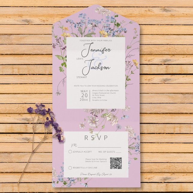 Invitation Tout En Un Code QR Fleur sauvage rose Boho délicat (Delicate Boho Wildflowers Pink QR Code All In One Invitation)