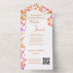 Invitation Tout En Un Code QR Fleur sauvage rose et orange vif