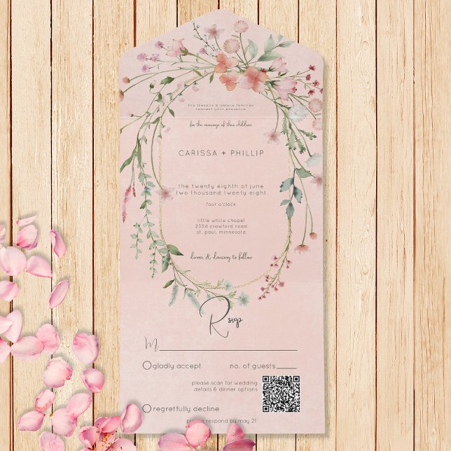 Invitation Tout En Un Code QR Fleur sauvage rustique et rose délicat (Also available without a QR code; with or without dinner selection options.)