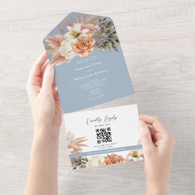 Invitation Tout En Un Code QR Fleurs Bleu Poussiéreux Mariage (Déchirure)