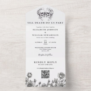 Invitation Tout En Un Code QR Fleurs de mortel Mariage gothique