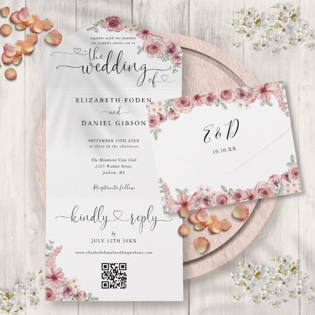 Invitation Tout En Un Code QR Fleurs Rose Poussiéreuse Écriture Cœurs Ma (Dusty Rose Floral QR Code Script Hearts Wedding All In One Invitation)