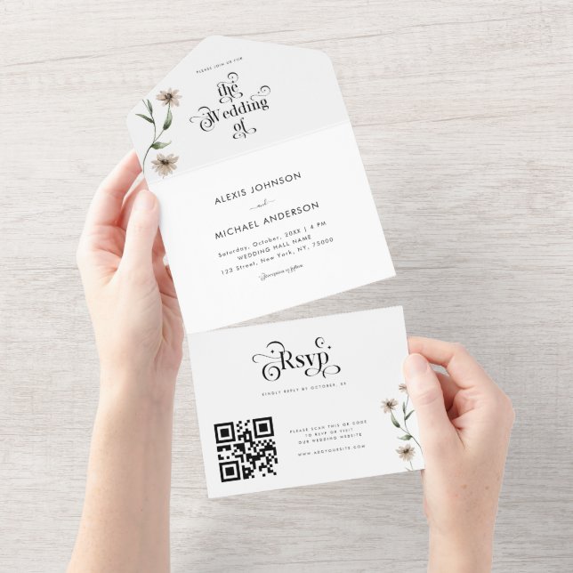 Invitation Tout En Un Code QR Fleurs Sauvages Typographie Rétro Boho Bla (Déchirure)