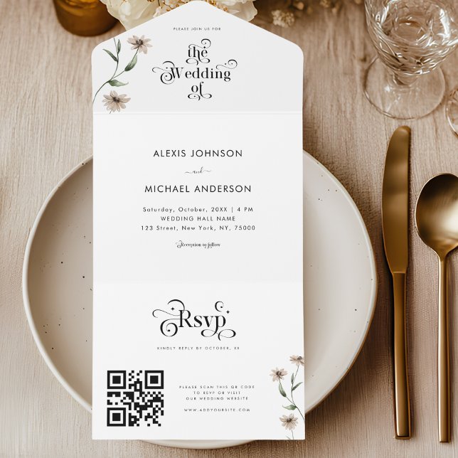 Invitation Tout En Un Code QR Fleurs Sauvages Typographie Rétro Boho Bla (Créateur téléchargé)