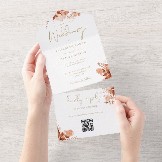 Invitation Tout En Un Code QR floral automne mariage or (Déchirure)