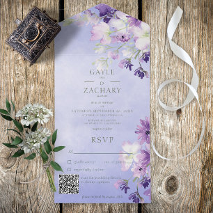 Invitation Tout En Un Code QR Floral Boho Violet Pervenche