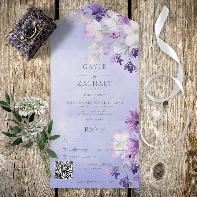 Invitation Tout En Un Code QR Floral Boho Violet Pervenche (Créateur téléchargé)