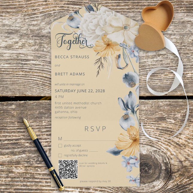 Invitation Tout En Un Code QR Floral Jaune Blanc & Bleu Rustique (Créateur téléchargé)