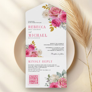 Invitation Tout En Un Code QR Floral Mariage Roses Rose Chaude Fuchsia