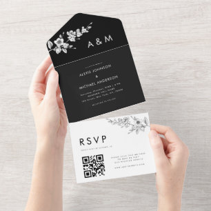 Invitation Tout En Un Code QR floral minimaliste printemps noir et blanc