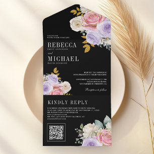 Invitation Tout En Un Code QR Floral Roses Violet Rose Mariage Noir