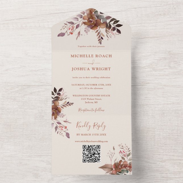 Invitation Tout En Un Code QR floral rustique Mariage automnal (À l'intérieur)