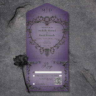Invitation Tout En Un Code QR gothique noir et violet en fibre de coeur