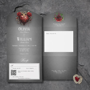 Invitation Tout En Un Code QR gothique noir foncé et roses rouges