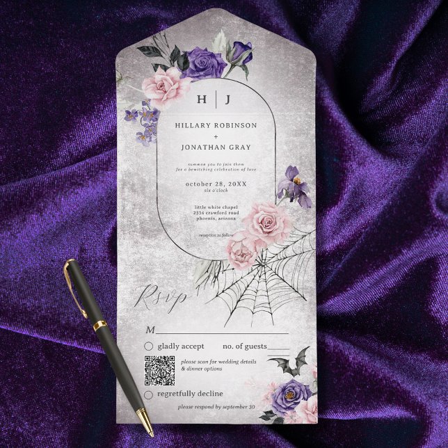 Invitation Tout En Un Code QR gothique rose et violet d'Halloween floral (Also available without a QR code; with or without dinner selection options.)