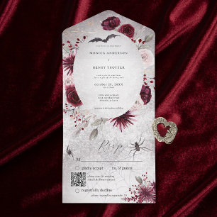 Invitation Tout En Un Code QR gothique rustique noir et bordeaux floral