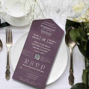 Invitation Tout En Un Code QR Gris Aubergine Automnal Élégant