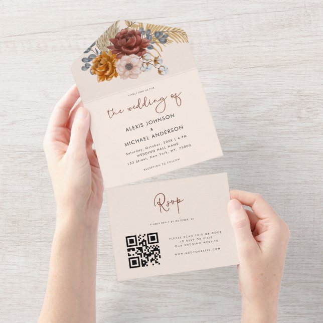 Invitation Tout En Un Code QR Herbe de Pampas Séchée Floral Boho Aquarel (Déchirure)