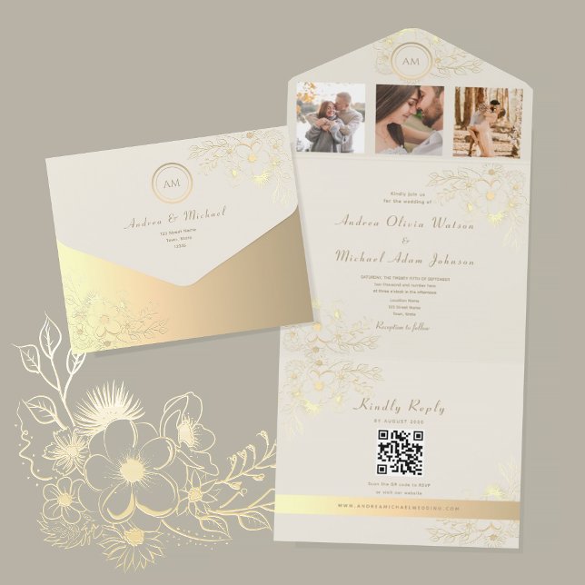 Invitation Tout En Un Code QR Ivory Gold Floral Mariage (Créateur téléchargé)