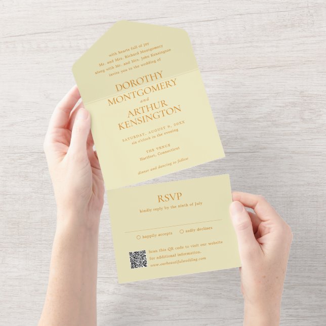 Invitation Tout En Un Code QR jaune beurre moderne Mariage élégant (Déchirure)