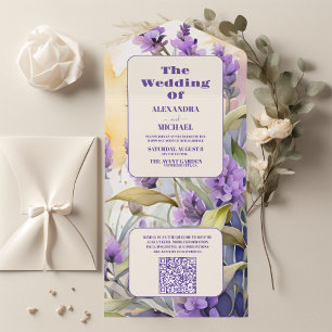 Invitation Tout En Un Code QR Lavande violet Floral Mariage élégant