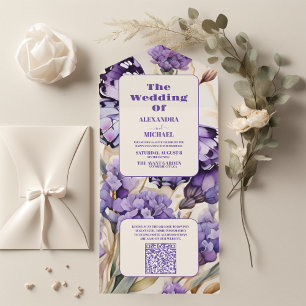 Invitation Tout En Un Code QR Lavande violet Floral Mariage élégant