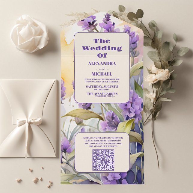 Invitation Tout En Un Code QR Lavande violet Floral Mariage élégant (Créateur téléchargé)