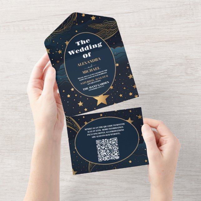 Invitation Tout En Un Code QR Lune Croissante Céleste Or Mariage (Déchirure)