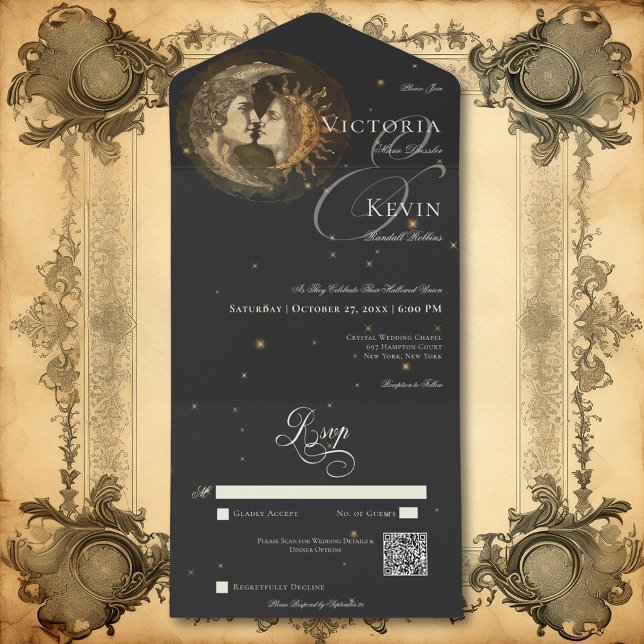 Invitation Tout En Un Code QR Lune & Soleil Victorien Sombre Baiser (Dark Moody Victorian Kissing Moon & Sun QR Code All In One Invitation)