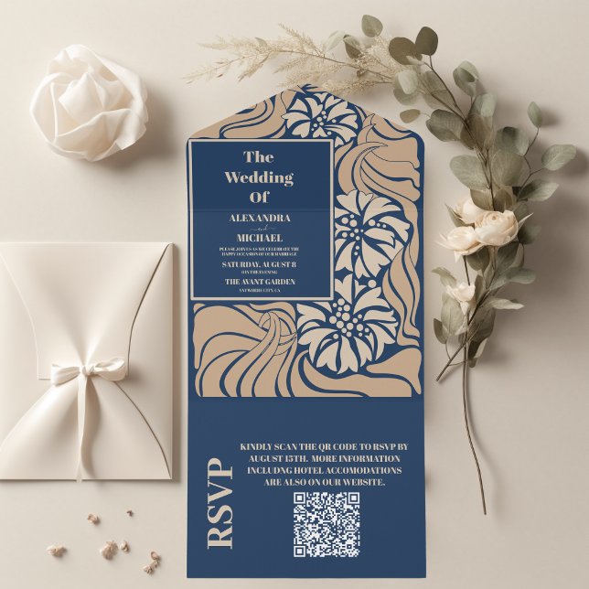 Invitation Tout En Un Code QR Mariage Art Nouveau Bleu Classique (Créateur téléchargé)