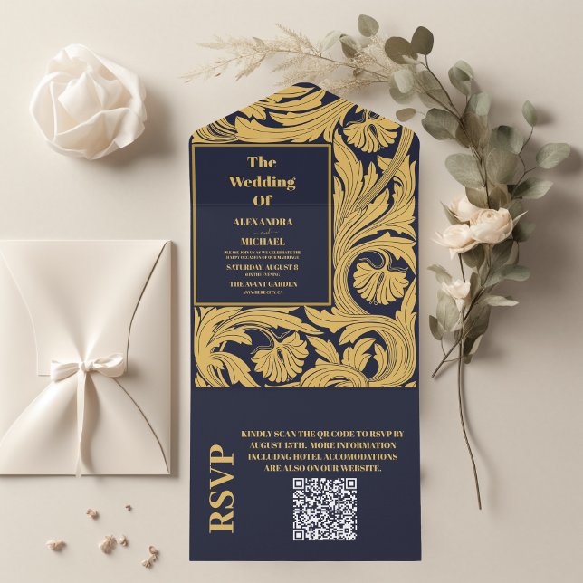Invitation Tout En Un Code QR Mariage Art Nouveau Bleu Classique (Créateur téléchargé)