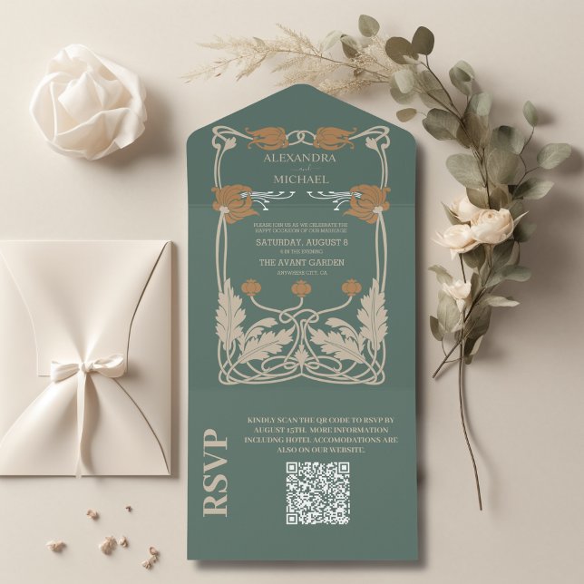 Invitation Tout En Un Code QR Mariage Art Nouveau Vert (Créateur téléchargé)