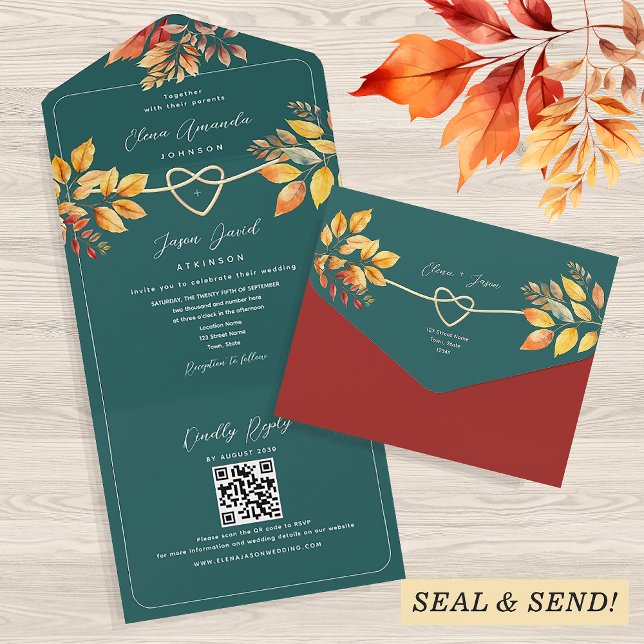 Invitation Tout En Un Code QR Mariage Automne Sarcelle (Créateur téléchargé)
