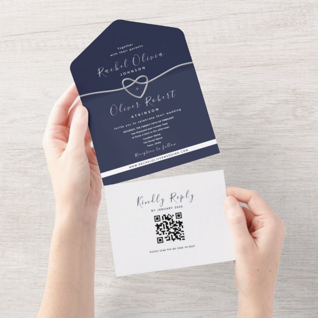 Invitation Tout En Un Code QR Mariage Bleu Marine Argenté (Déchirure)
