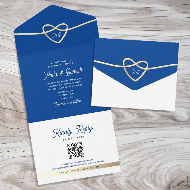 Invitation Tout En Un Code QR Mariage Bleu Royal (Créateur téléchargé)