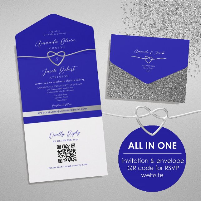 Invitation Tout En Un Code QR Mariage Bleu Royal Paillettes Argentées (Créateur téléchargé)