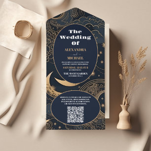 Invitation Tout En Un Code QR Mariage Céleste Bleu Nuit Or