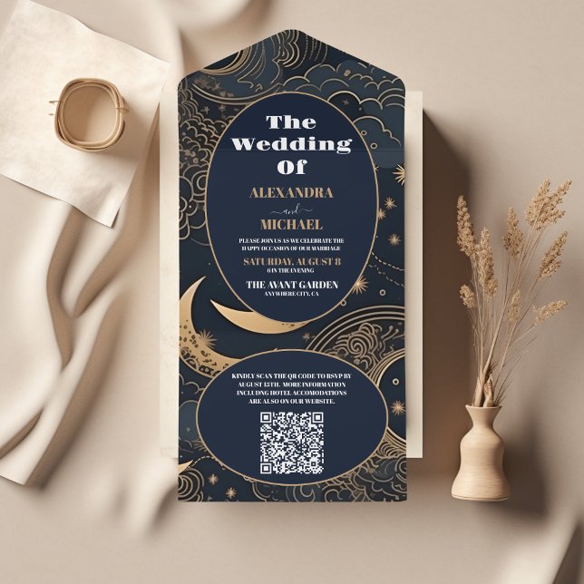 Invitation Tout En Un Code QR Mariage Céleste Bleu Nuit Or (Créateur téléchargé)