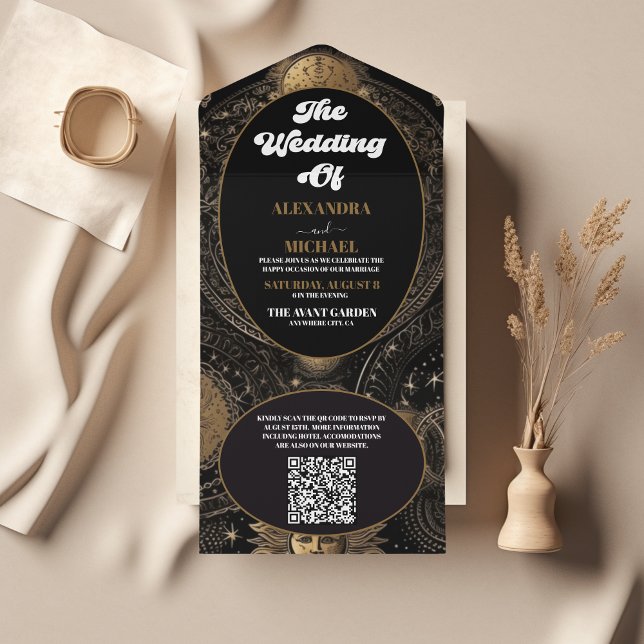 Invitation Tout En Un Code QR Mariage Céleste Noir Or (Créateur téléchargé)