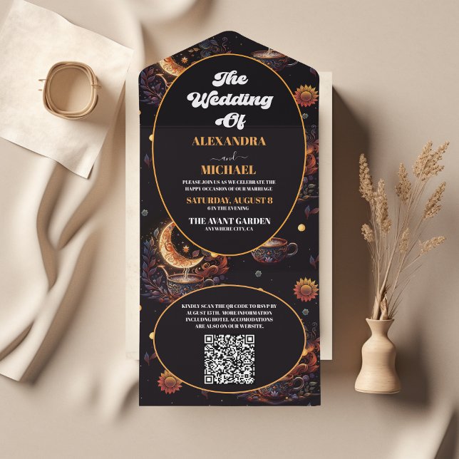 Invitation Tout En Un Code QR Mariage Céleste Noir Or Mystique (Créateur téléchargé)