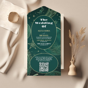Invitation Tout En Un Code QR Mariage Céleste Vert Émeraude Or