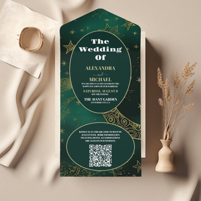 Invitation Tout En Un Code QR Mariage Céleste Vert Émeraude Or (Créateur téléchargé)